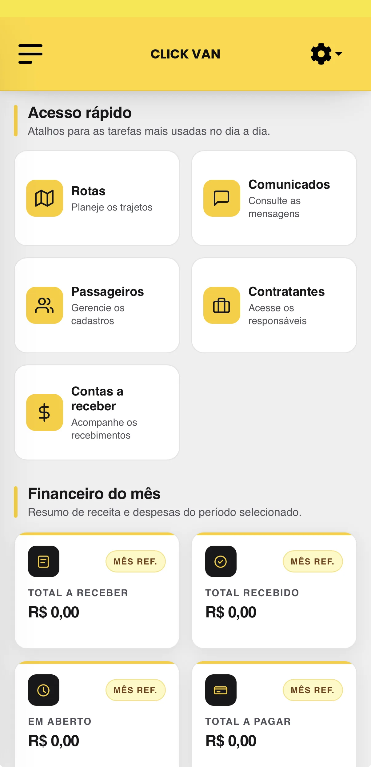 Tela inicial do aplicativo Clickvan para o transportador escolar
