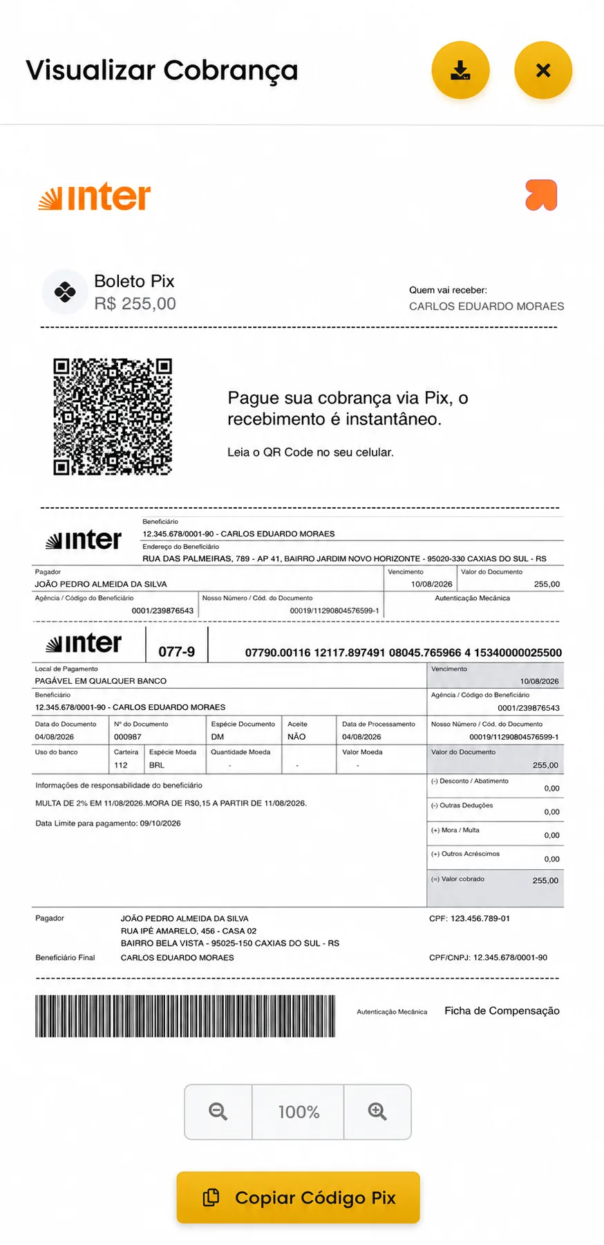 Boleto Pix da mensalidade de transporte escolar no aplicativo