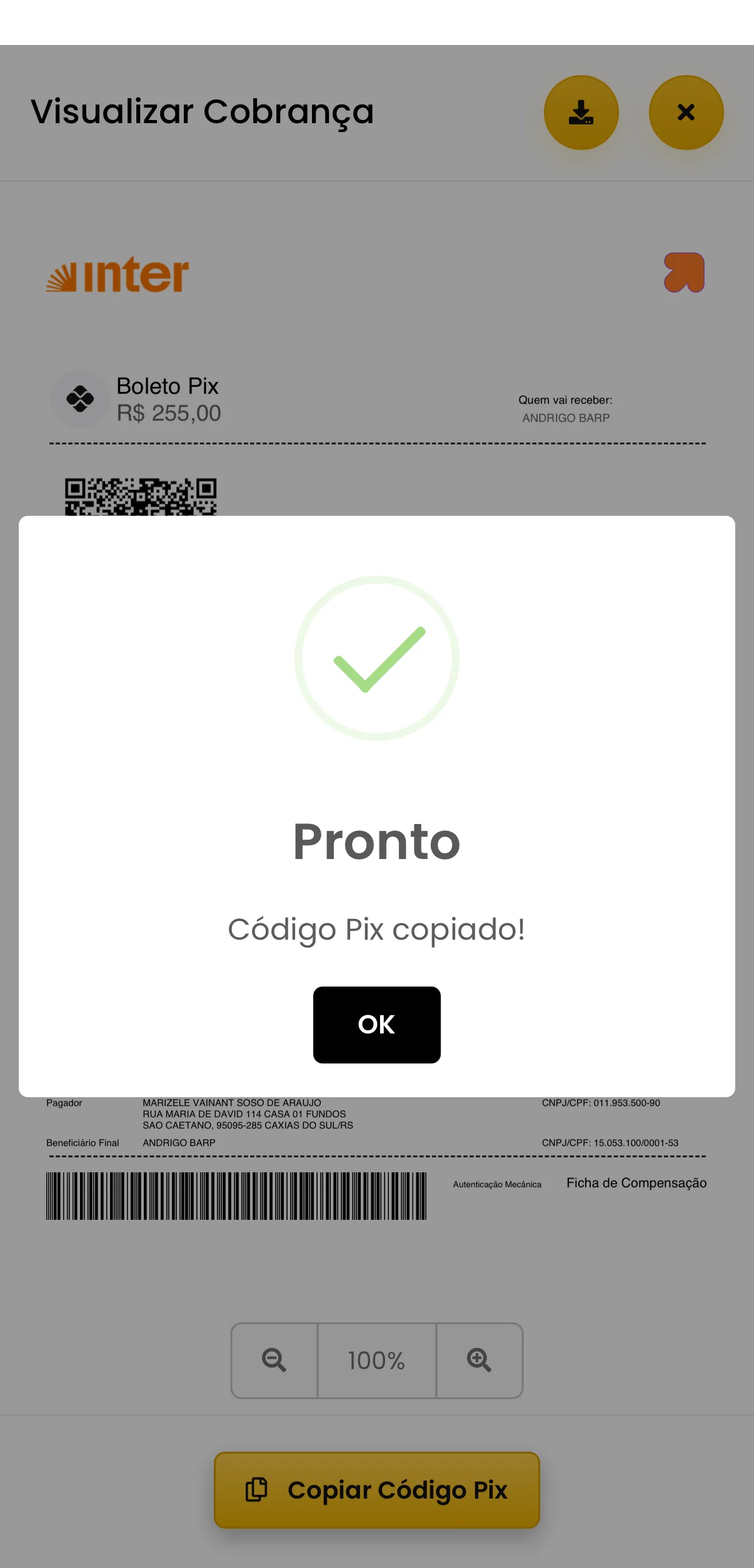 Confirmação de código Pix copiado para pagamento do boleto escolar