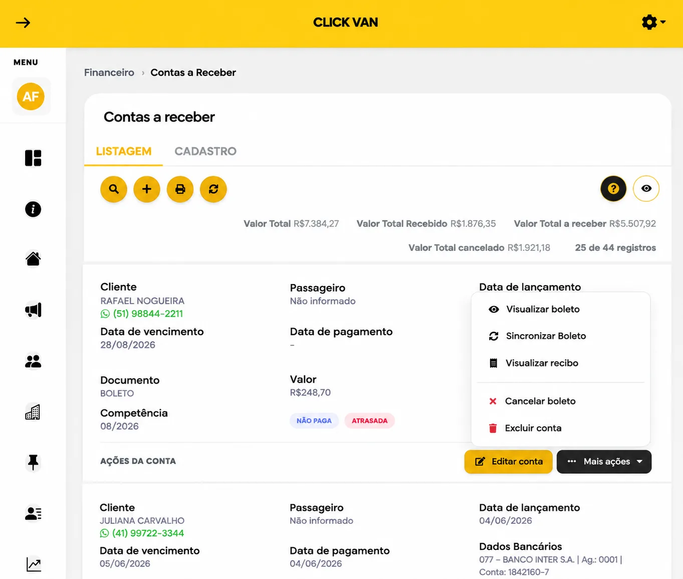Consulta individual das mensalidades geradas no sistema Clickvan
