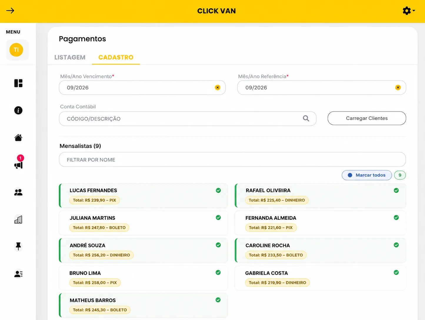 Tela para selecionar clientes e gerar mensalidades de transporte escolar