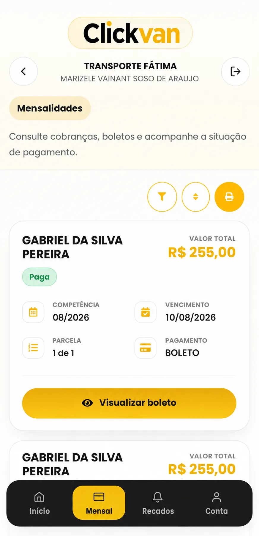 Mensalidades de transporte escolar disponíveis no aplicativo Clickvan