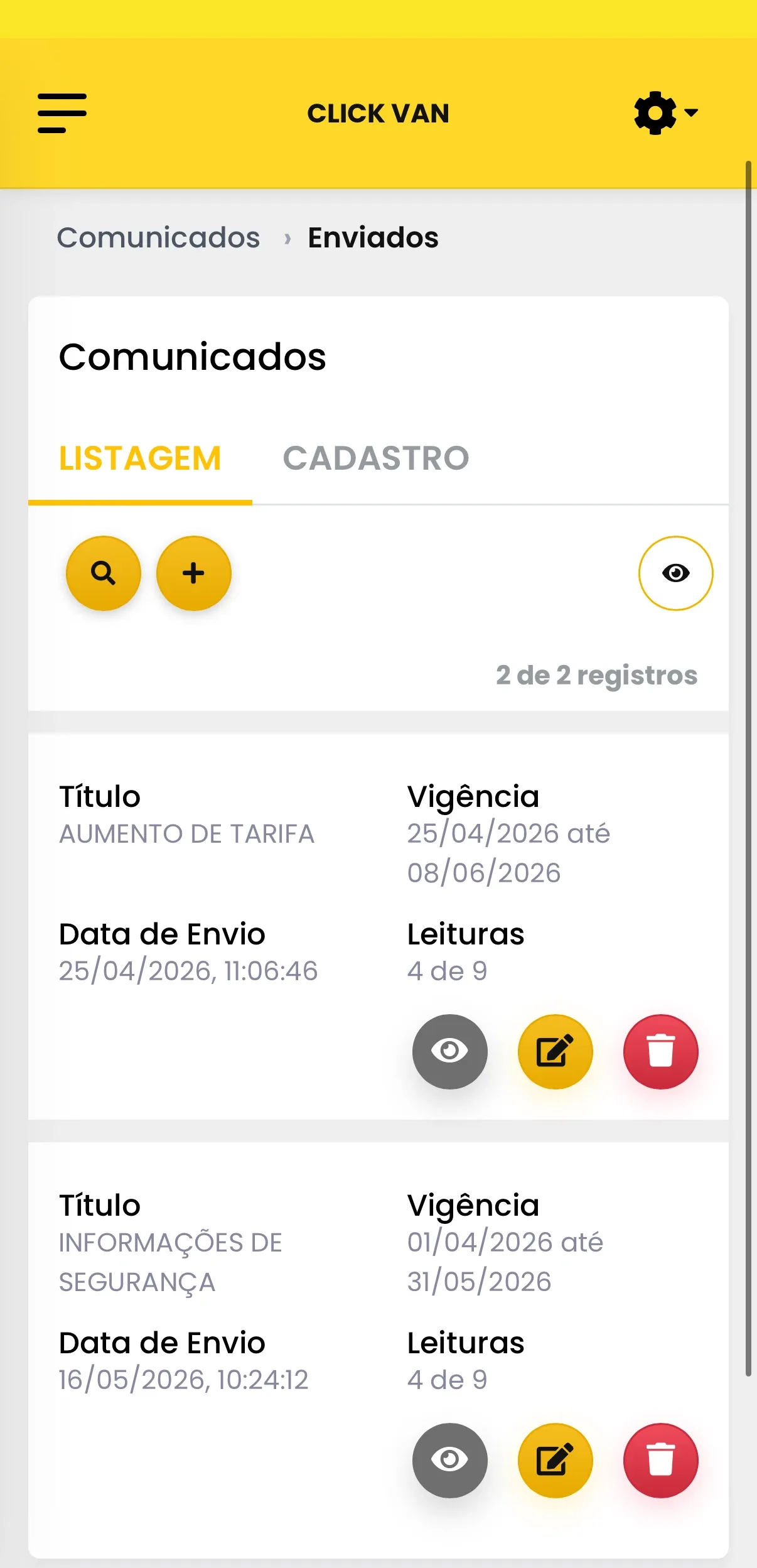 Comunicados enviados pelo sistema Clickvan
