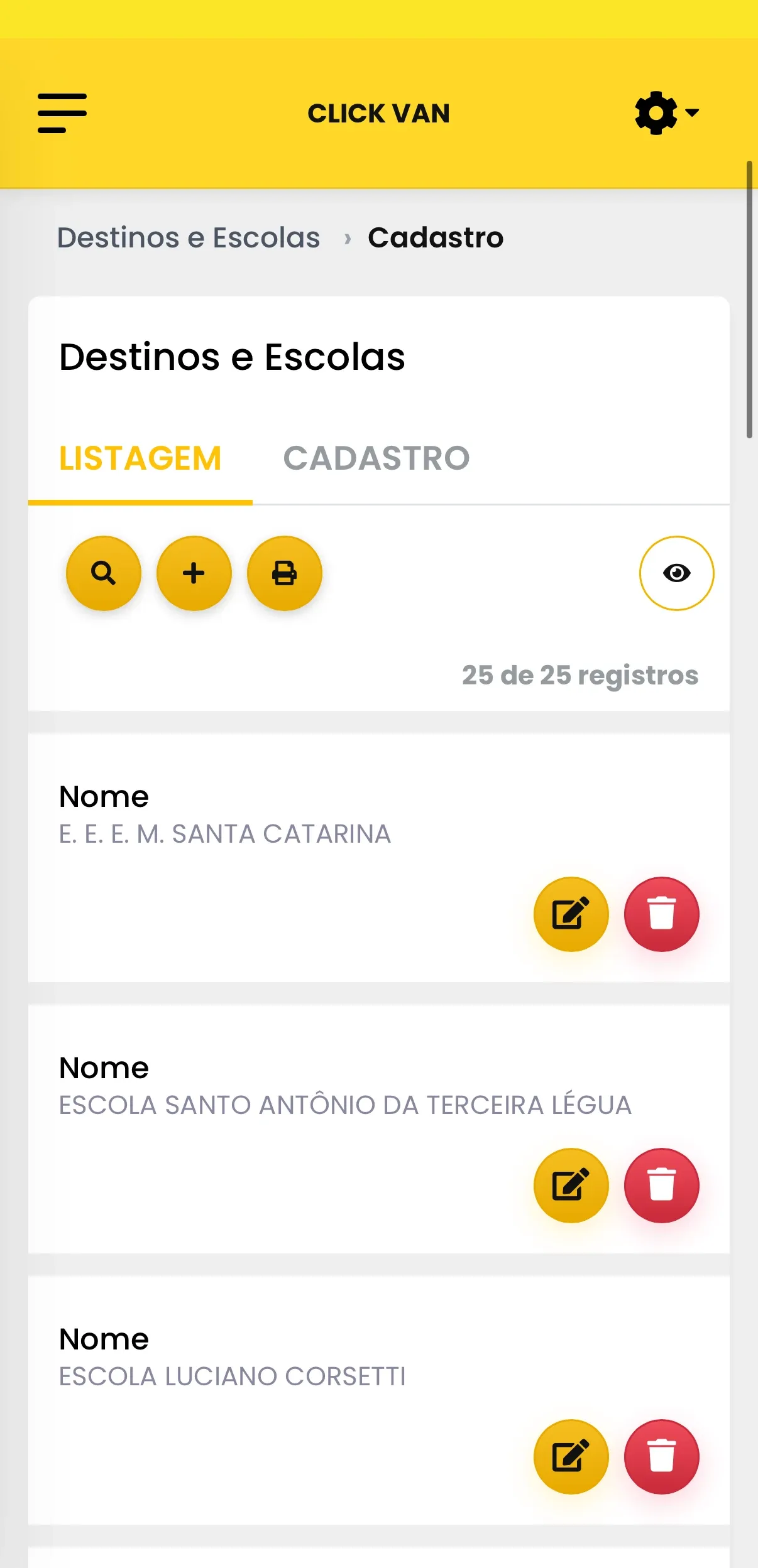 Cadastro de destinos e escolas no Clickvan