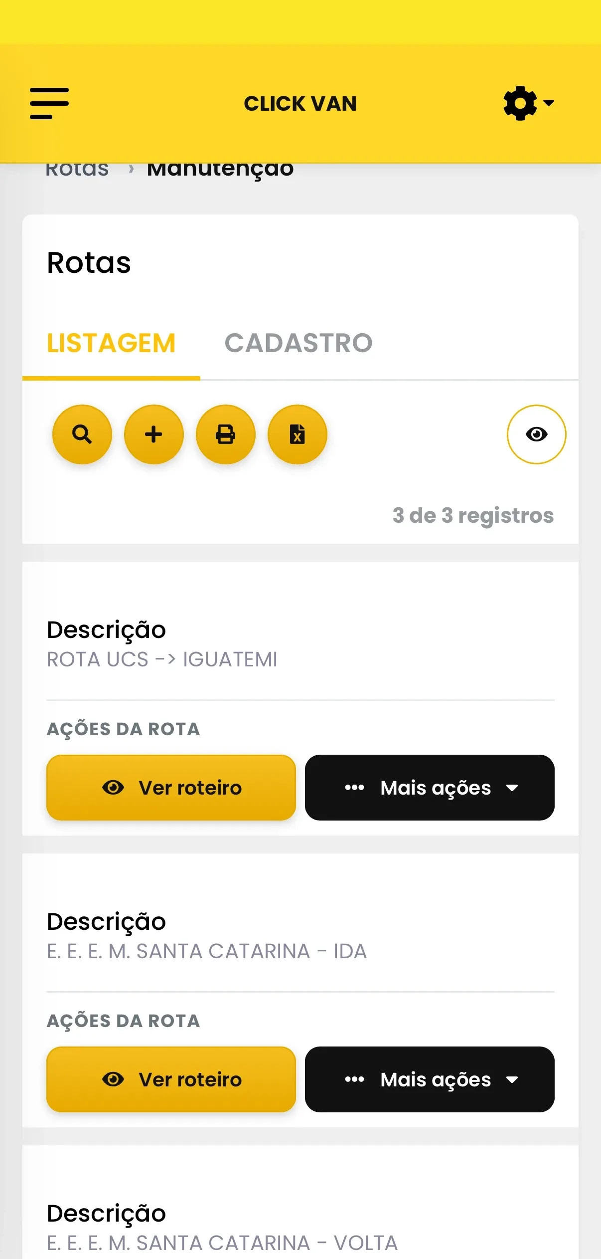 Listagem de rotas do transporte escolar no Clickvan