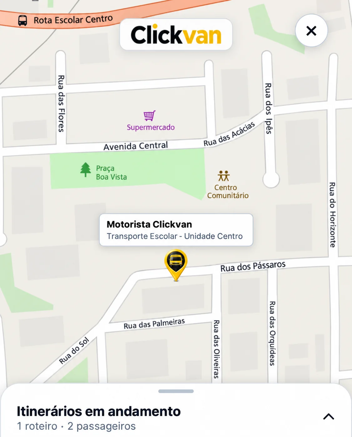 Mapa nítido de acompanhamento da van escolar com dados fictícios