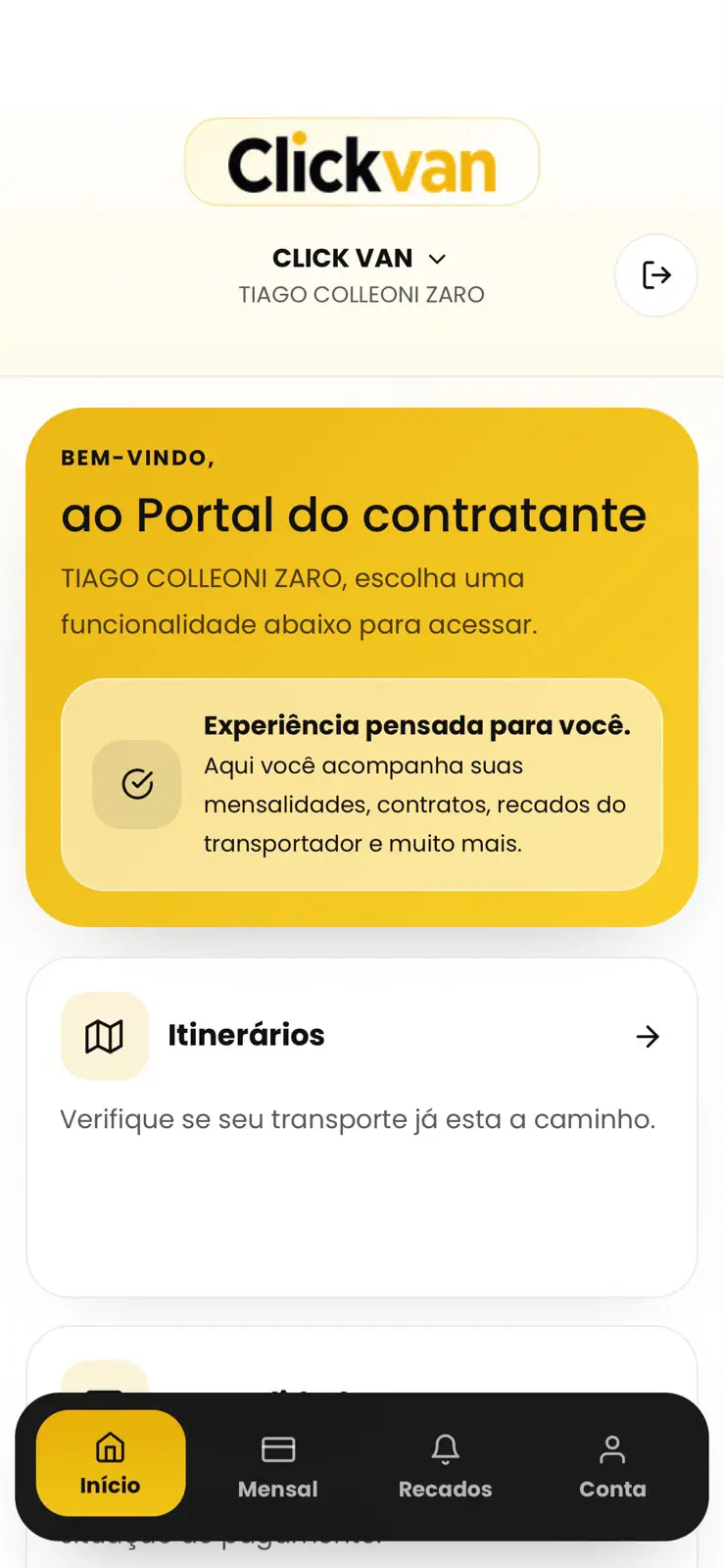 Portal do contratante no aplicativo Clickvan